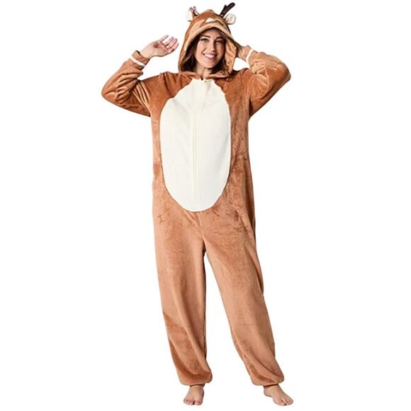 North Pole Trading Co. Reindeer Unisex Adult Plush Hooded One Piece Pajama - Picture 1 of 5
